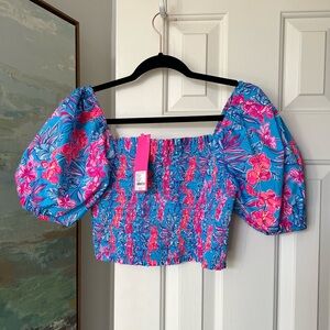 NWT Lilly Pulitzer Aston Puff-Sleeve Top - Cumulus Blue Orchid Oasis